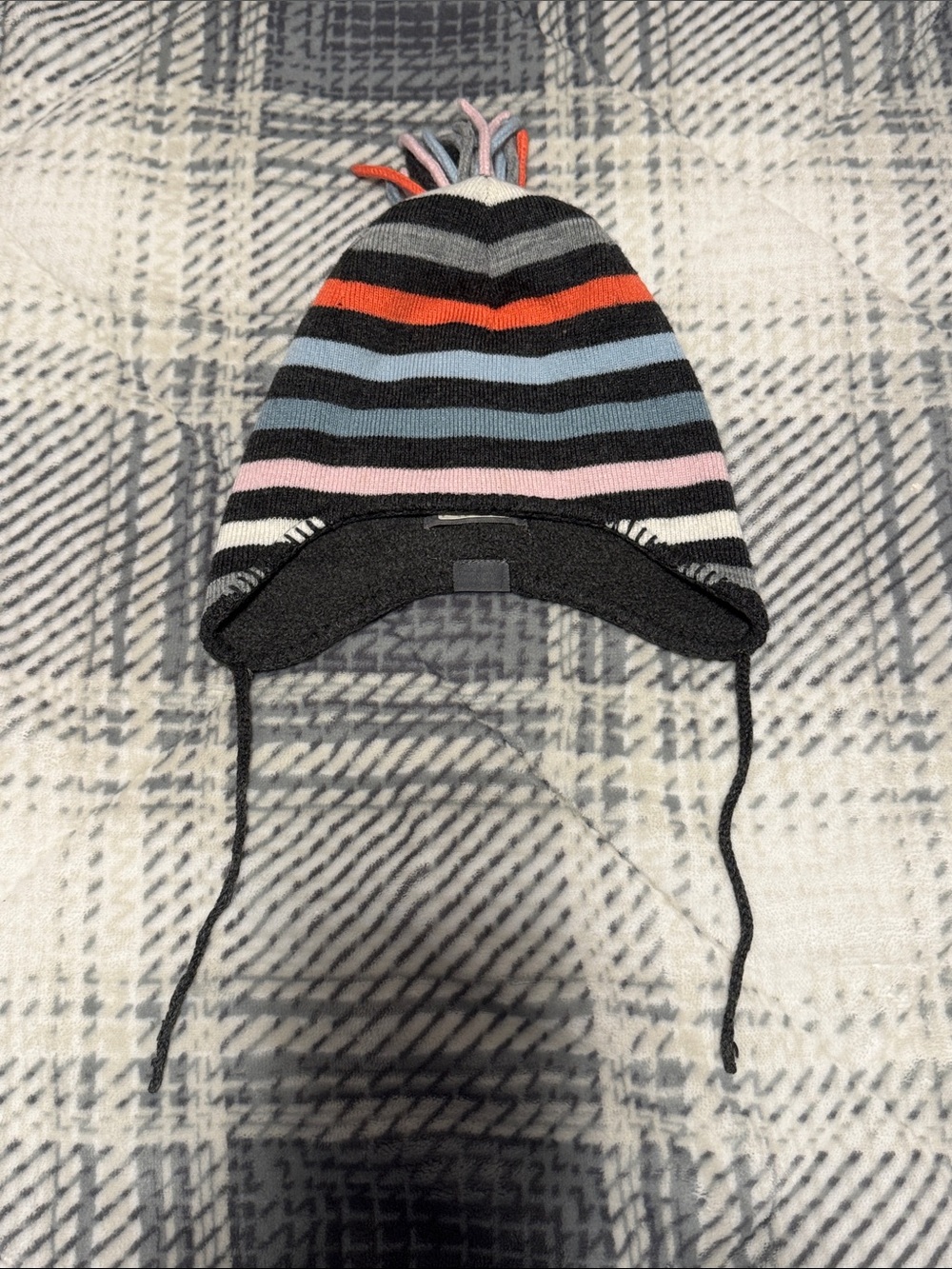 Kids Stripe Earflap Beanie Hat in Grey, Blue & Pink